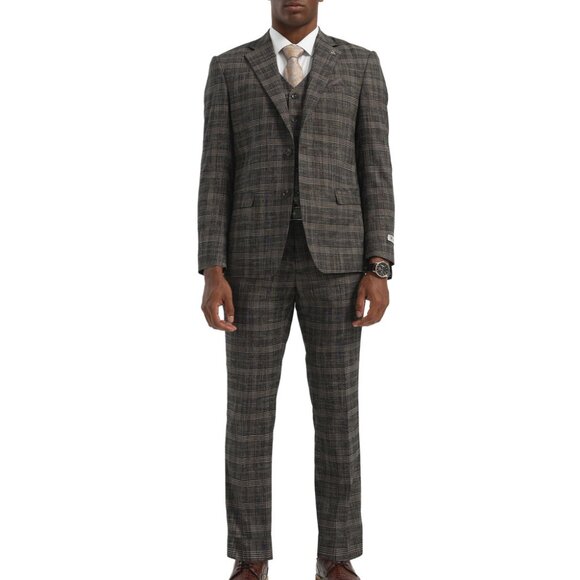 Brown Plaid Notch Lapel 3 Piece Stacy Adams Men's Suit - Picture 3 of 3